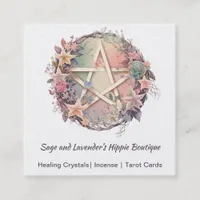 Watercolor Pentagram and Flowers Square Business Card