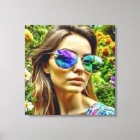 Beautiful Girl with Sunglasses Reflection Flowers Canvas Print