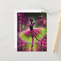 A neon black ballet cat in the cyberpunk city  postcard
