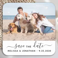 Modern Save The Date Couple Engagement Pet Photo  Square Paper Coaster