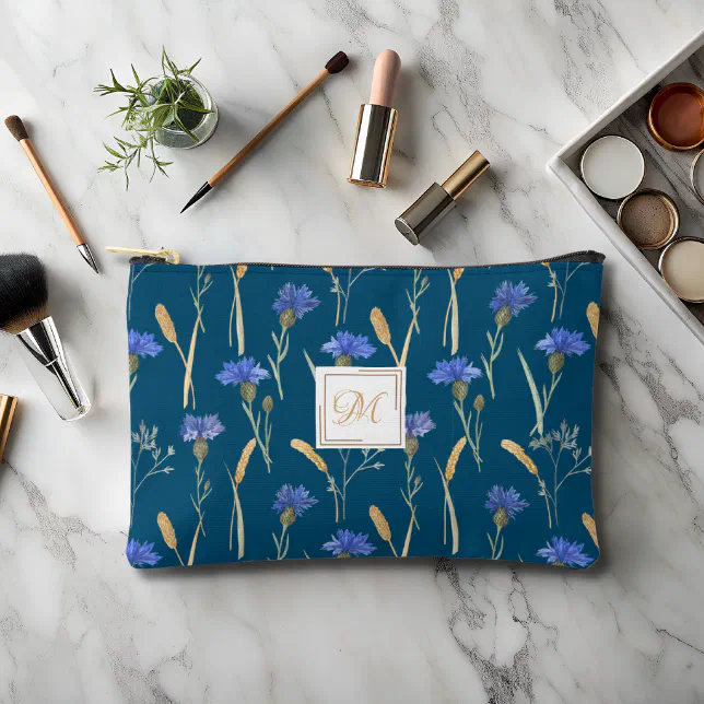 Blue Floral Wildflower Monogram Accessory Pouch