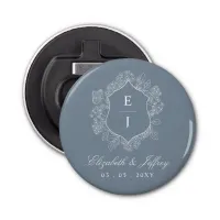 Dusty Blue Floral Crest Monogram Wedding Bottle Opener