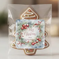 Watercolor Pine Wreath Red Berries Merry Christmas Square Sticker