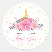 Watercolor Unicorn Face Floral Stars Thank You Classic Round Sticker