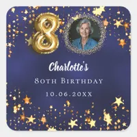 80th birthday navy blue gold stars photo square sticker