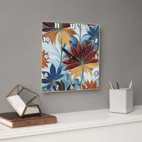 Colorful Floral Pattern With Leaves and Blooms Square Wall Clock