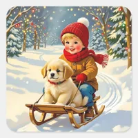 Vintage Christmas Scene, Boy on Sled with Puppy Square Sticker