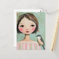 Cute Girl With a Bird on Her Shoulder Postcard
