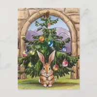 Adorable Silly Christmas Rabbit Under the Tree Postcard