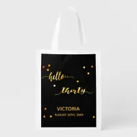 30th birthday black gold hello 30 script name grocery bag