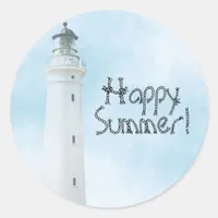 Happy Summer lighthouse beach nautical sea Classic Round Sticker
