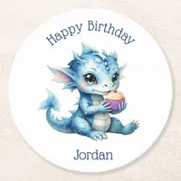 Cute Blue Baby Dragon Eating a Cupcake Round Paper Coaster