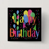 Confetti, Party Hats and Balloons Black Background Button