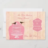 Chic pink bird cage, love birds save the dates invitation