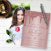 Rose Gold Sparkle Glitter Drips Graduation Photo Invitation