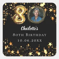 80th birthday black gold stars photo square sticker