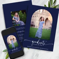 Navy Blue Modern Script Graduation Arch Photo Announcement