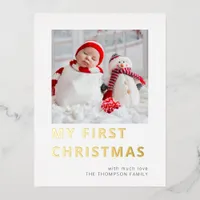 Modern Baby First Christmas Photo Real Foil Holiday Postcard