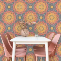 Orange Grey Stylized Geometric Flowers Wallpaper