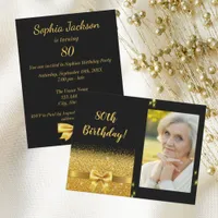 80th birthday iblack gold bow photo  invitation