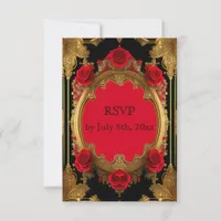 Golden frame with red roses, gothic wedding RSVP card