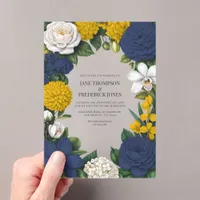 Navy Blue, Mustard Yellow & White Floral Wedding Acrylic Invitations