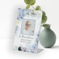 Blue Hydrangea Watercolor Celebration of Life Pedestal Sign