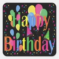 Confetti, Party Hats and Balloons Black Background Square Sticker
