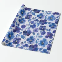 Watercolor Style Pansies Purple Blue Floral Print Wrapping Paper