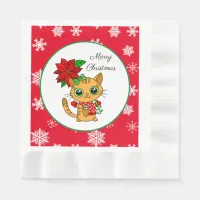 Merry Christmas | Orange Cat with Poinsettia  Napkins