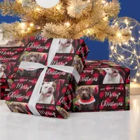 Woof Merry Christmas Custom 2 Dog Photo Red Plaid Wrapping Paper