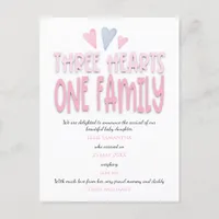 Three Hearts One Family Pink Baby Girl Birth Announcement Postcard