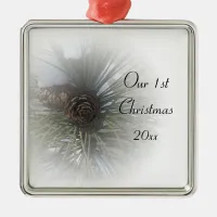 Snowy Pines 1st Christmas Together Metal Ornament