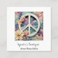 *~* White Peace Sign Flowers Grunge Boho AP57 QR Square Business Card