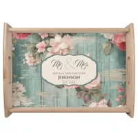 Rustic Blue with Florals Mr and Mrs Wedding Gift Serving Tray