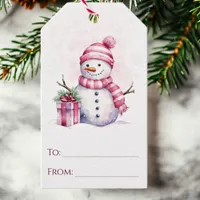 Festive Snowman Pink Watercolor Christmas Gift Tags