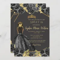 Elegant Black Gold Floral Princess SWEET 16  Invitation