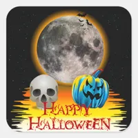 Full Moon, Skull and Blue Pumpkin at Night. Square Sticker