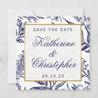 Chic Navy Blue Gold Botanical Save the Date Photo