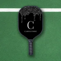 Chic Black Sparkle Glitter Drips Monogram Pickleball Paddle