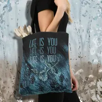 Whimsical Blue Black Rose Text Tote Bag