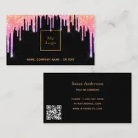 Black pink purple QR code glitter drips Business Card