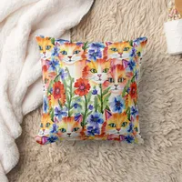 Whimsical Folk Art Watercolor Flowers and Cats Throw Pillow