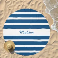 Cute Blue and White Striped Personalized Beach Towel