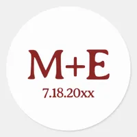 Wedding Couple Red Initials & Date Classic Round Sticker