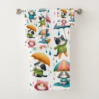 Cute Raining Cats and Dogs with Umbrellas Bath Towel Set