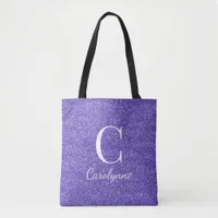 Chic Girly Purple Faux Glitter Monogram Tote Bag