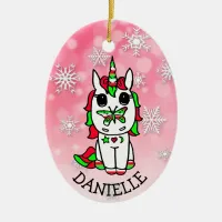 Festive Unicorn with Butterfly on Nose Christmas Ceramic Ornament