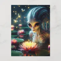 Alien in a Glowing Summer Pond With Pink Flowers Postcard