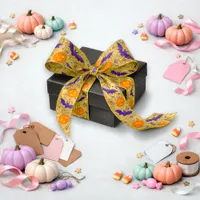 Golden Halloween Pumpkin Bat Pattern Satin Ribbon